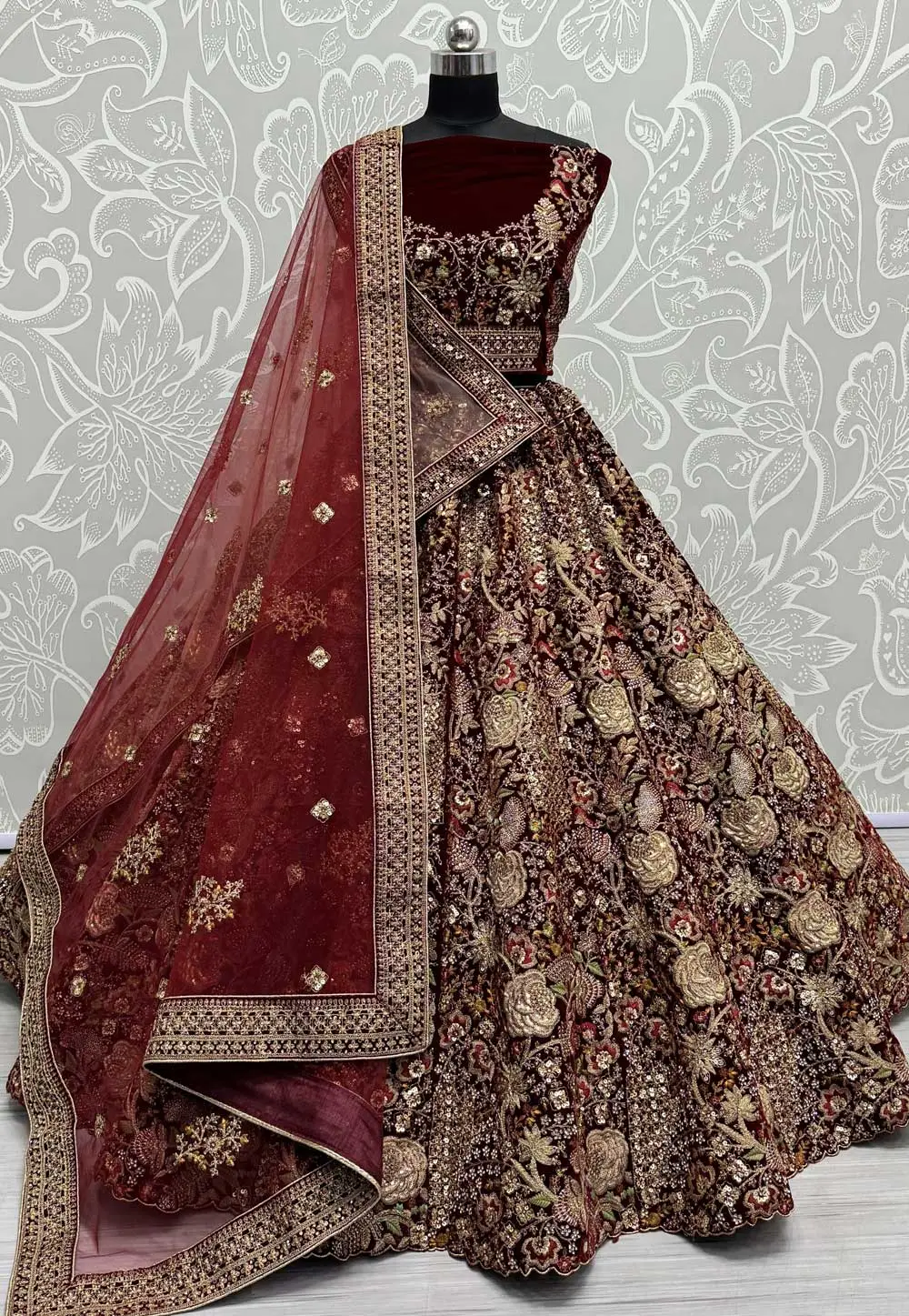 Maroon Velvet Bridal Lehenga Choli 295542