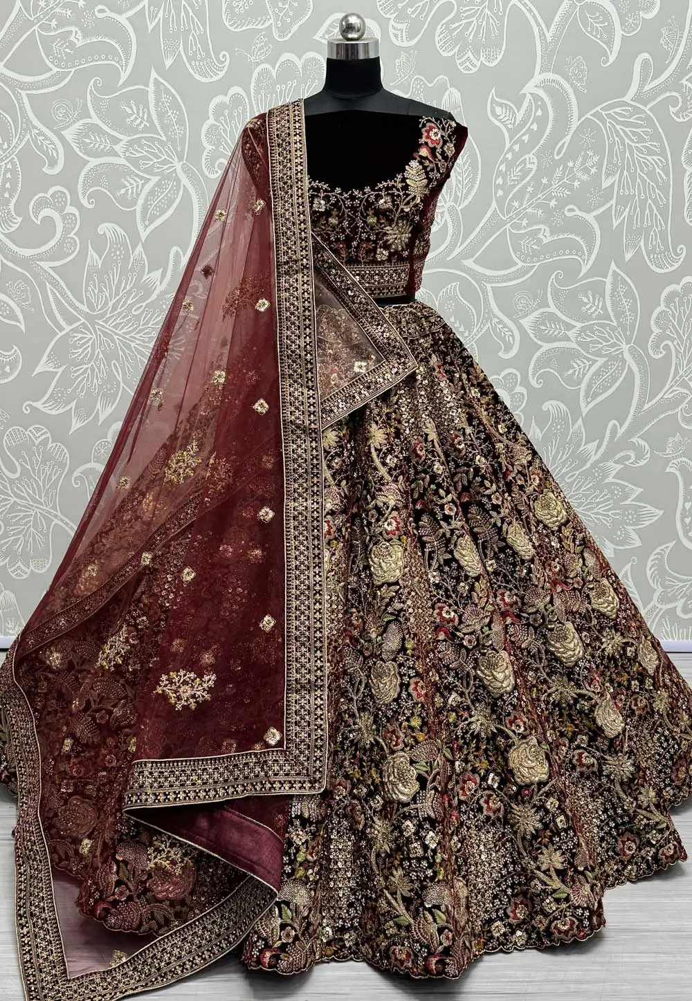 Maroon Velvet Bridal Lehenga Choli 295544