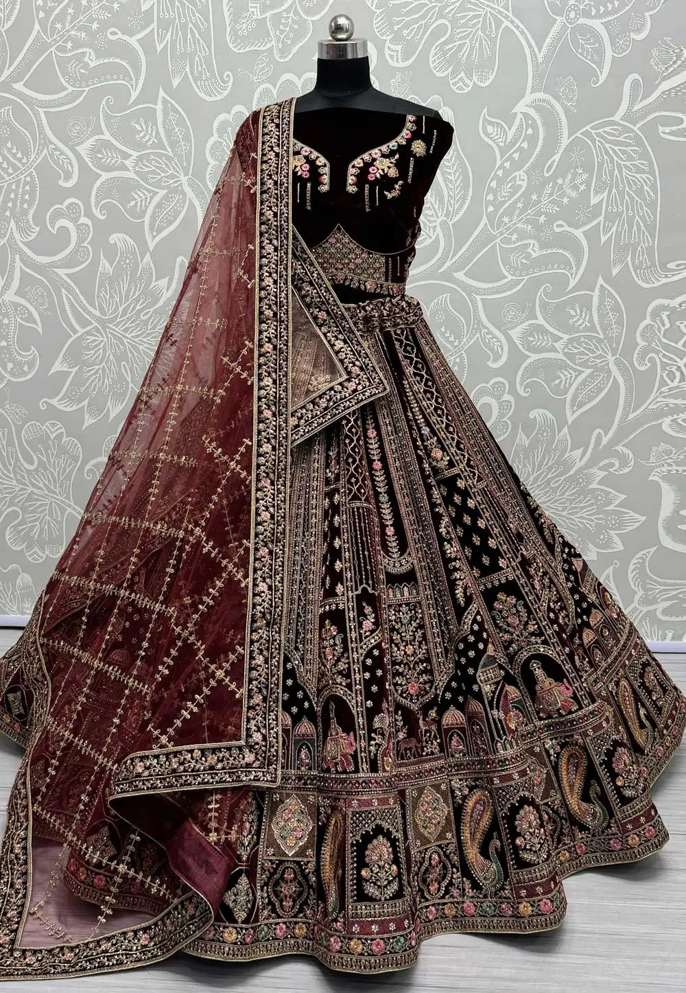 Maroon Velvet Bridal Lehenga Choli 295546