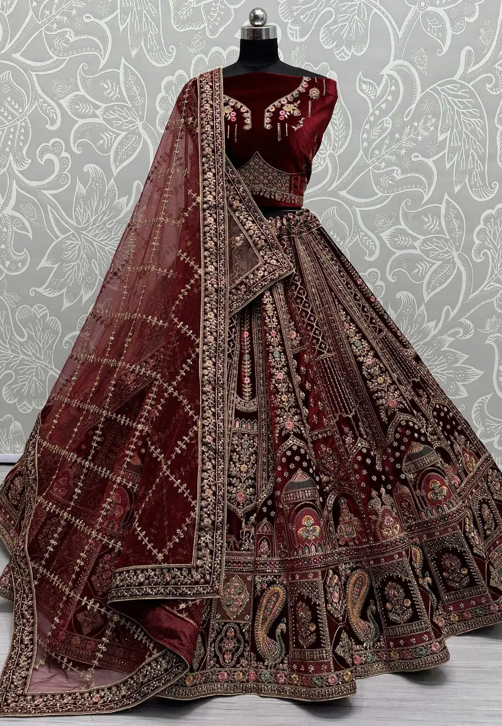 Maroon Velvet Bridal Lehenga Choli 295547