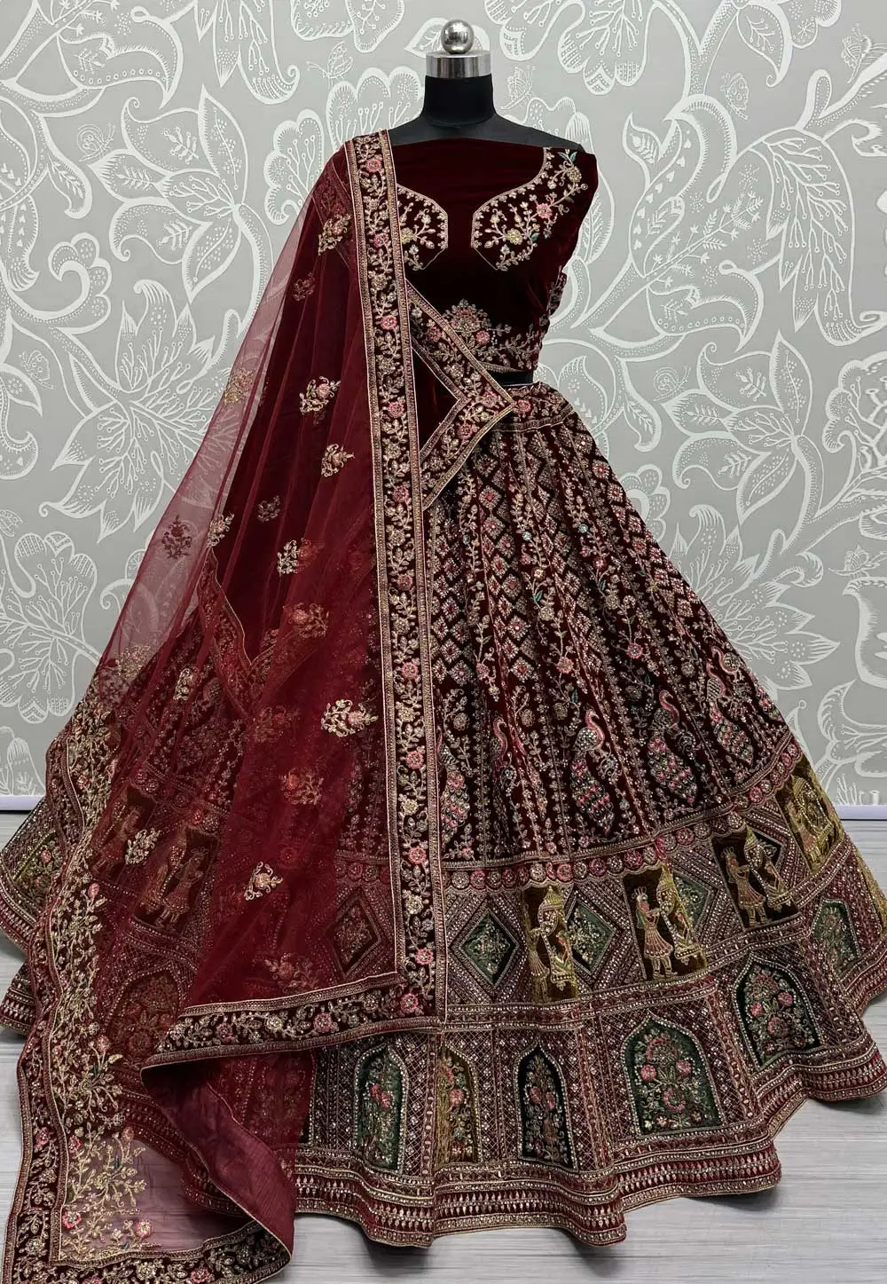 Maroon Velvet Bridal Lehenga Choli 295549