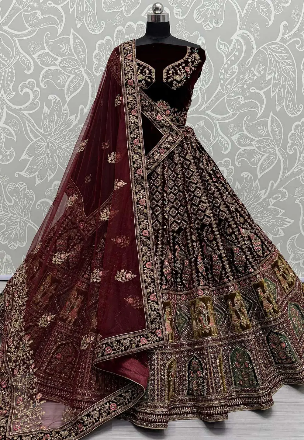 Maroon Velvet Bridal Lehenga Choli 295550