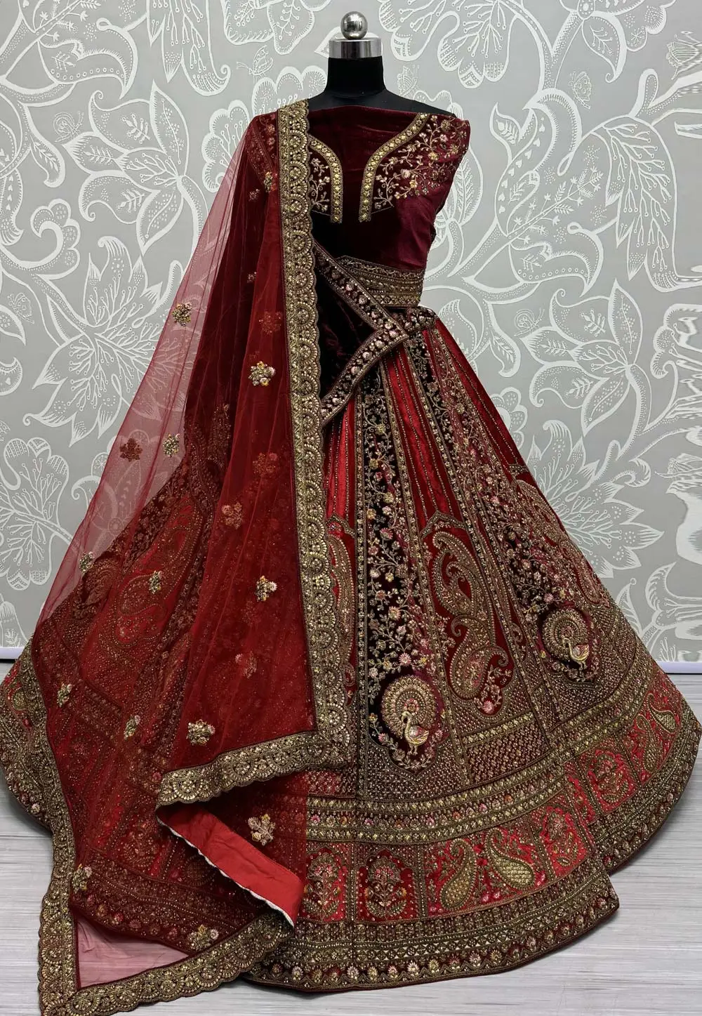 Maroon Velvet Bridal Lehenga Choli 297069