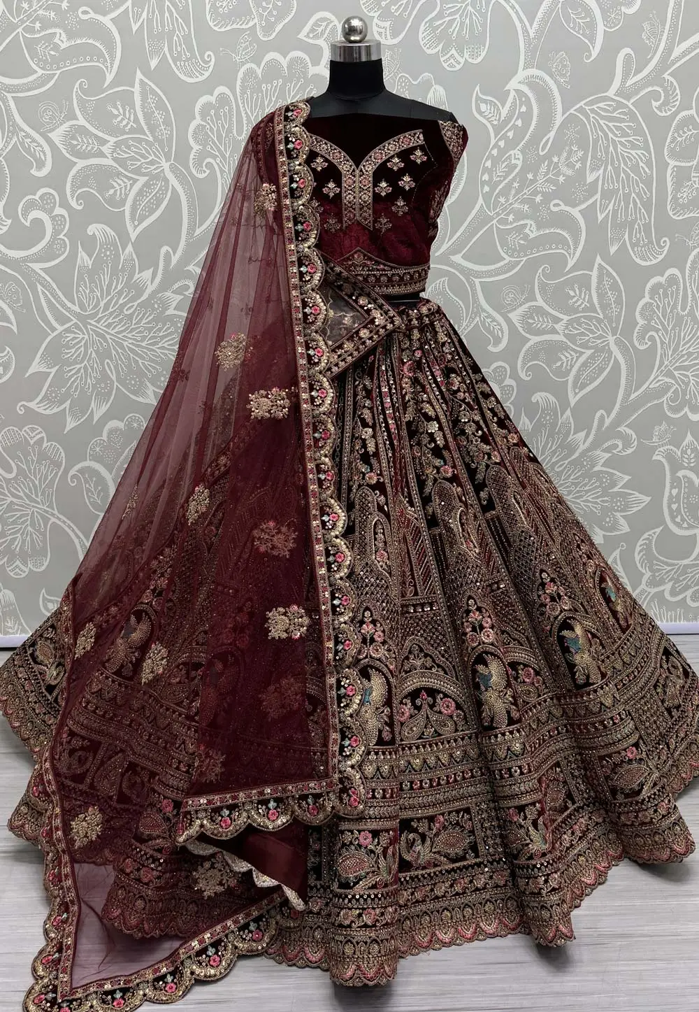 Maroon Velvet Bridal Lehenga Choli 297071