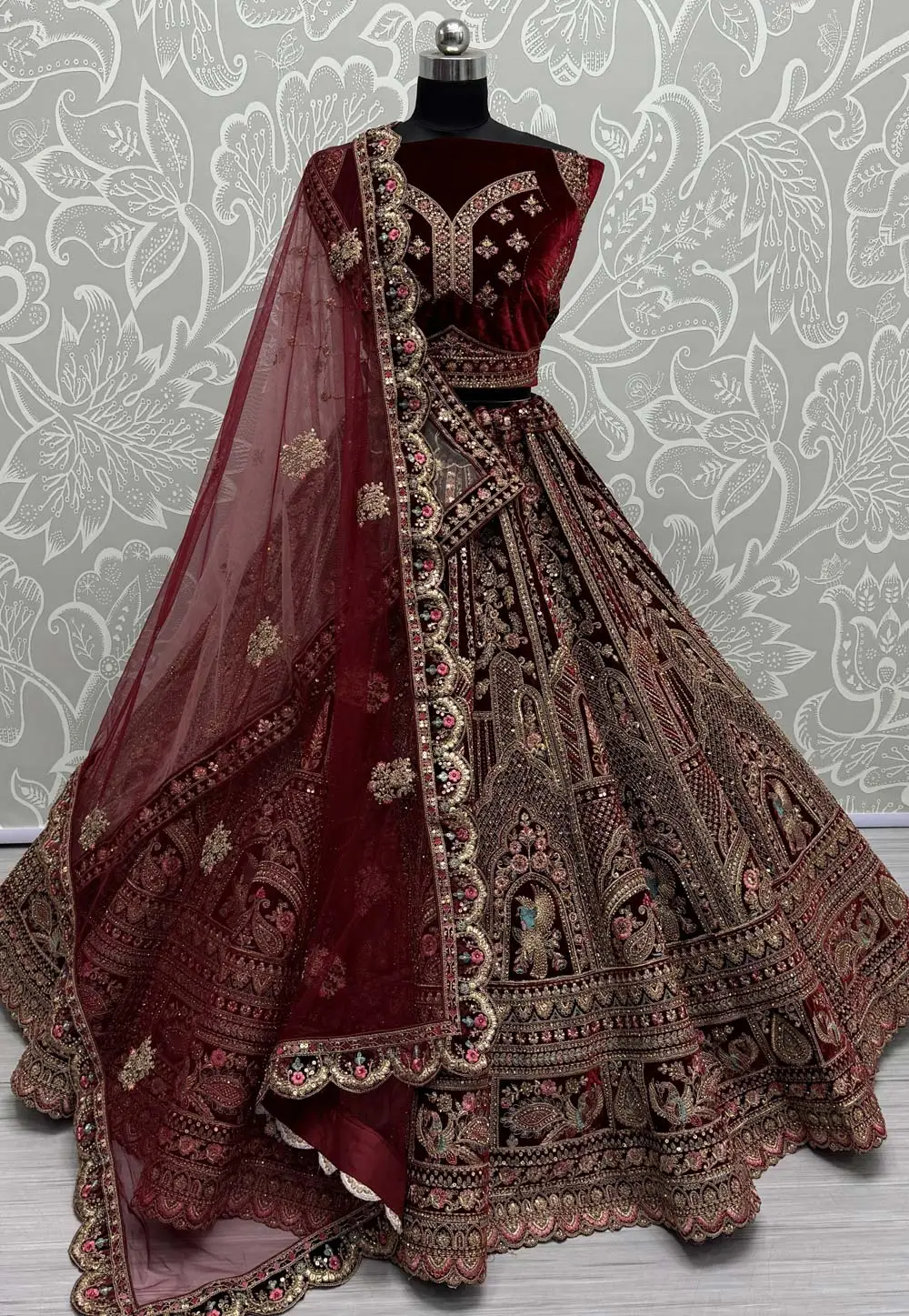 Maroon Velvet Bridal Lehenga Choli 297072