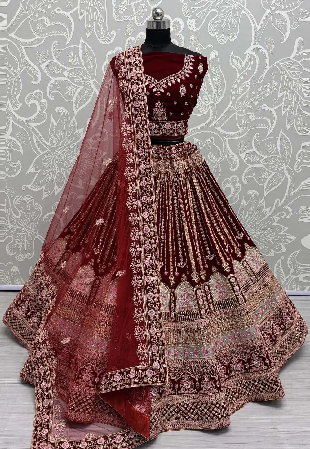 Maroon Velvet Bridal Lehenga Choli 297074