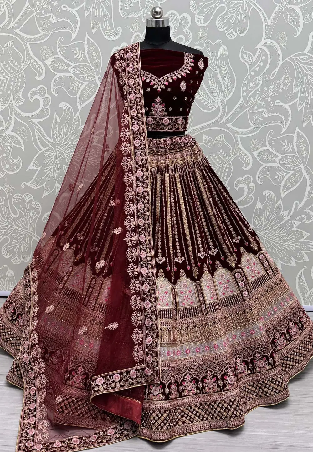 Maroon Velvet Bridal Lehenga Choli 297075