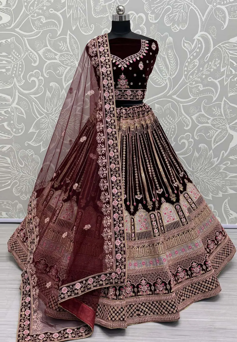 Maroon Velvet Bridal Lehenga Choli 297077