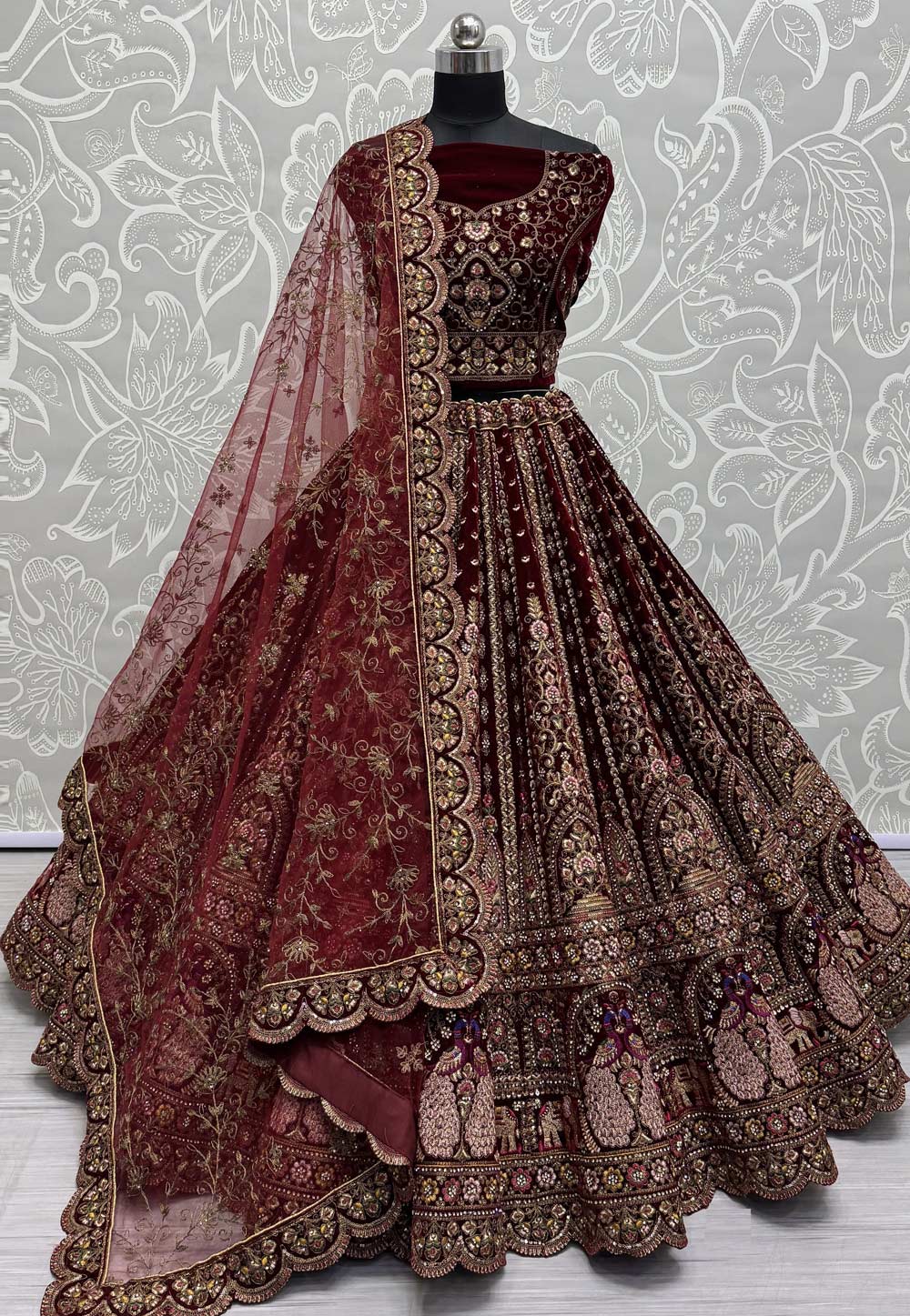 Maroon Velvet Bridal Lehenga Choli 305025