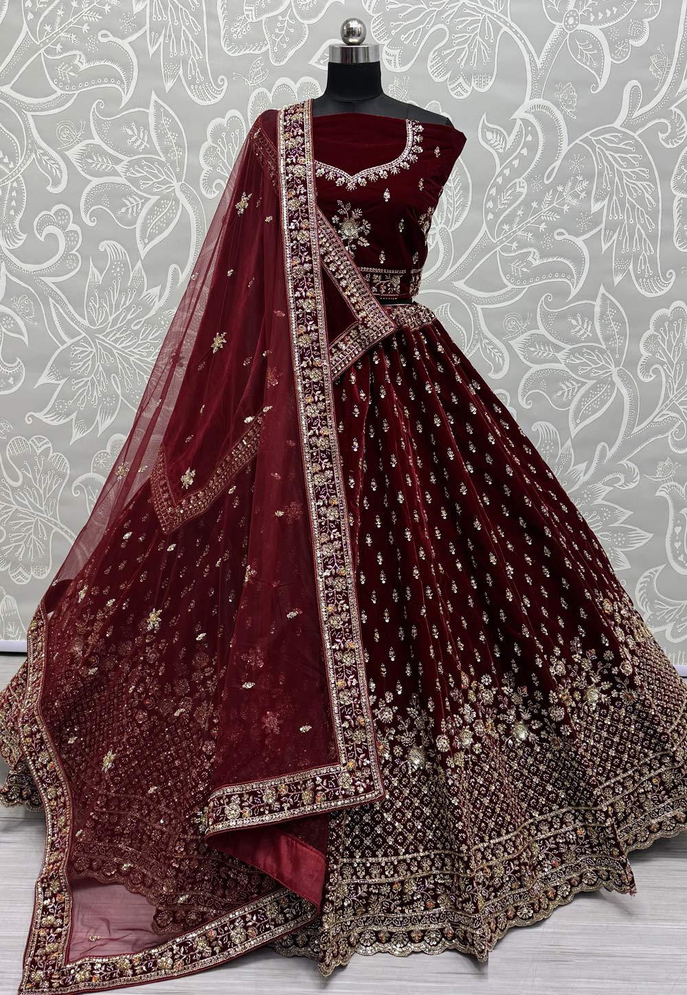 Maroon Velvet Bridal Lehenga Choli 305279