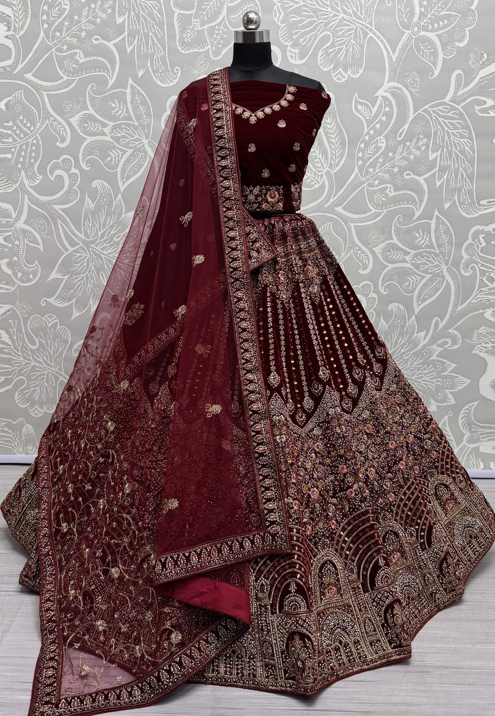 Maroon Velvet Bridal Lehenga Choli 305284