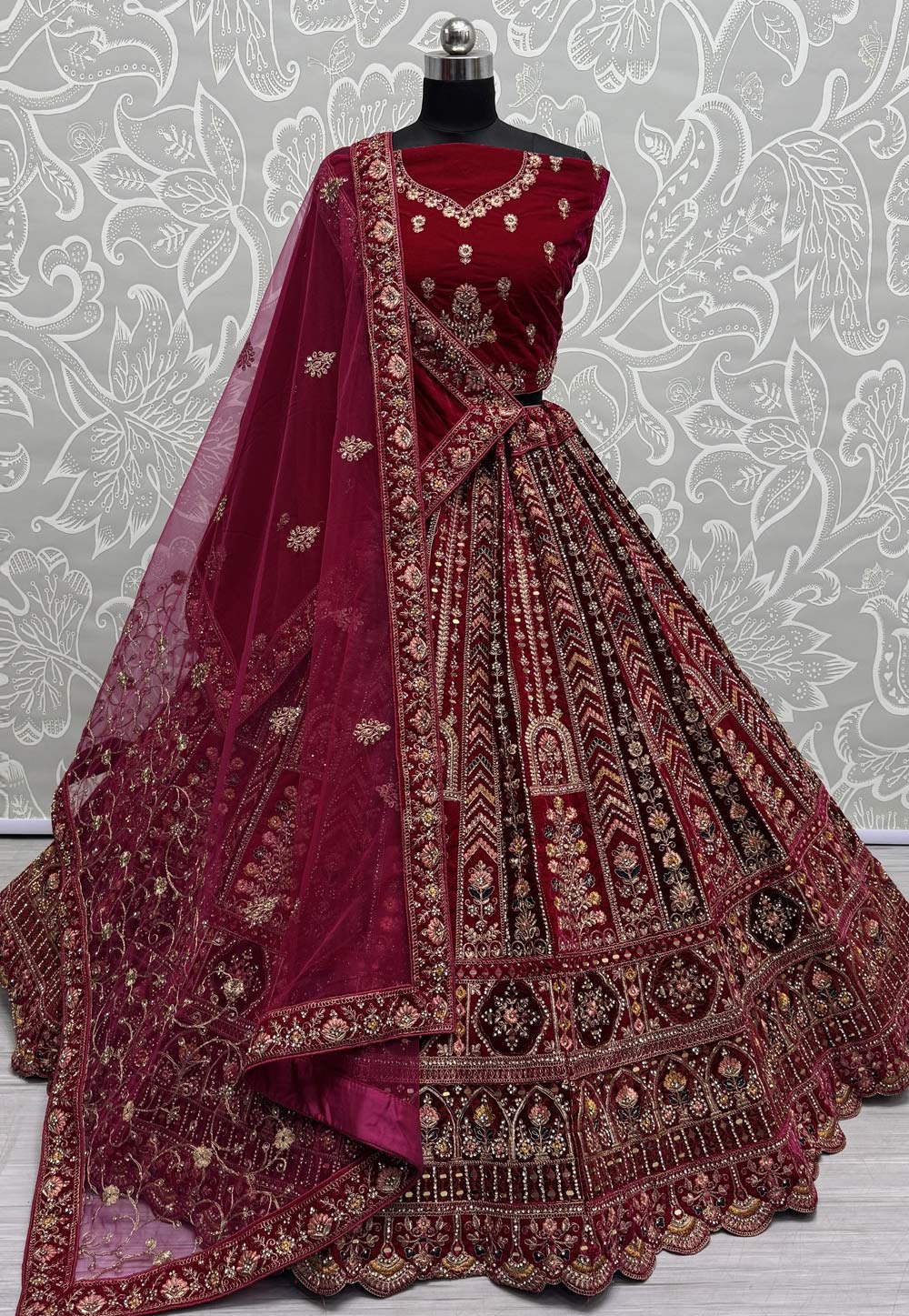 Maroon Velvet Bridal Lehenga Choli 305286