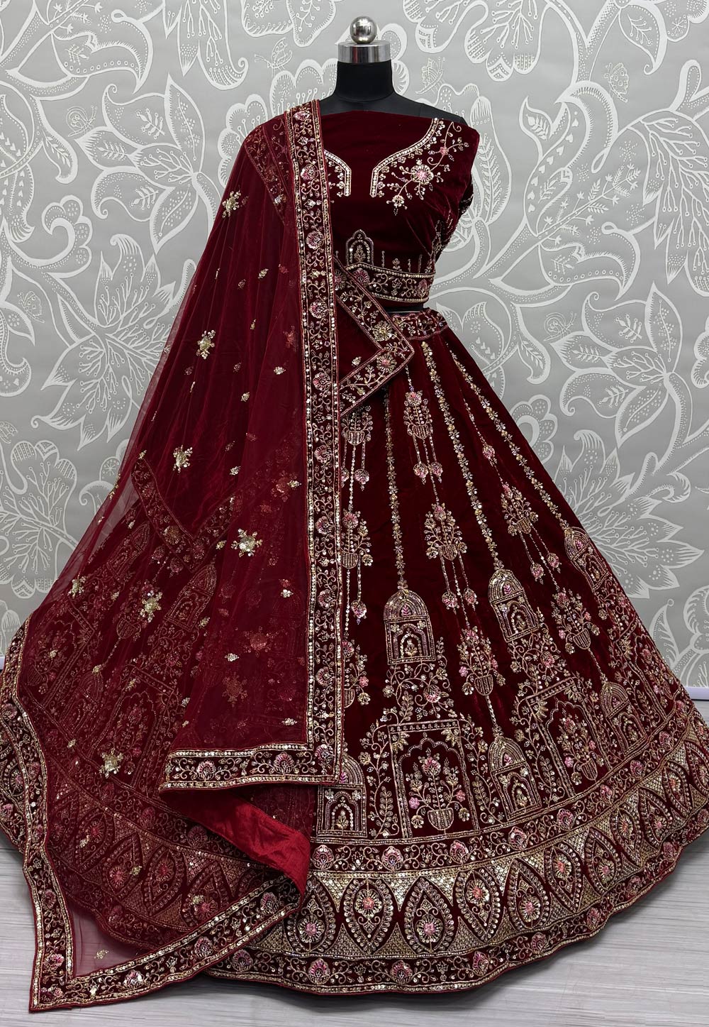 Maroon Velvet Bridal Lehenga Choli 309674