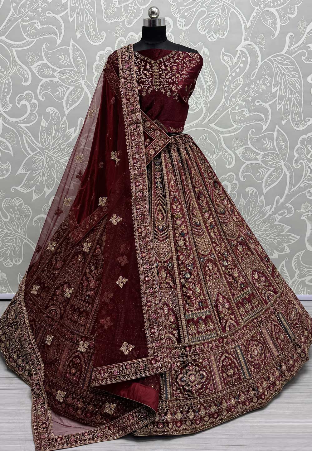 Maroon Velvet Bridal Lehenga Choli 309681