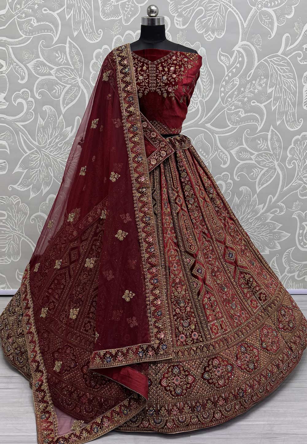 Maroon Velvet Bridal Lehenga Choli 309684