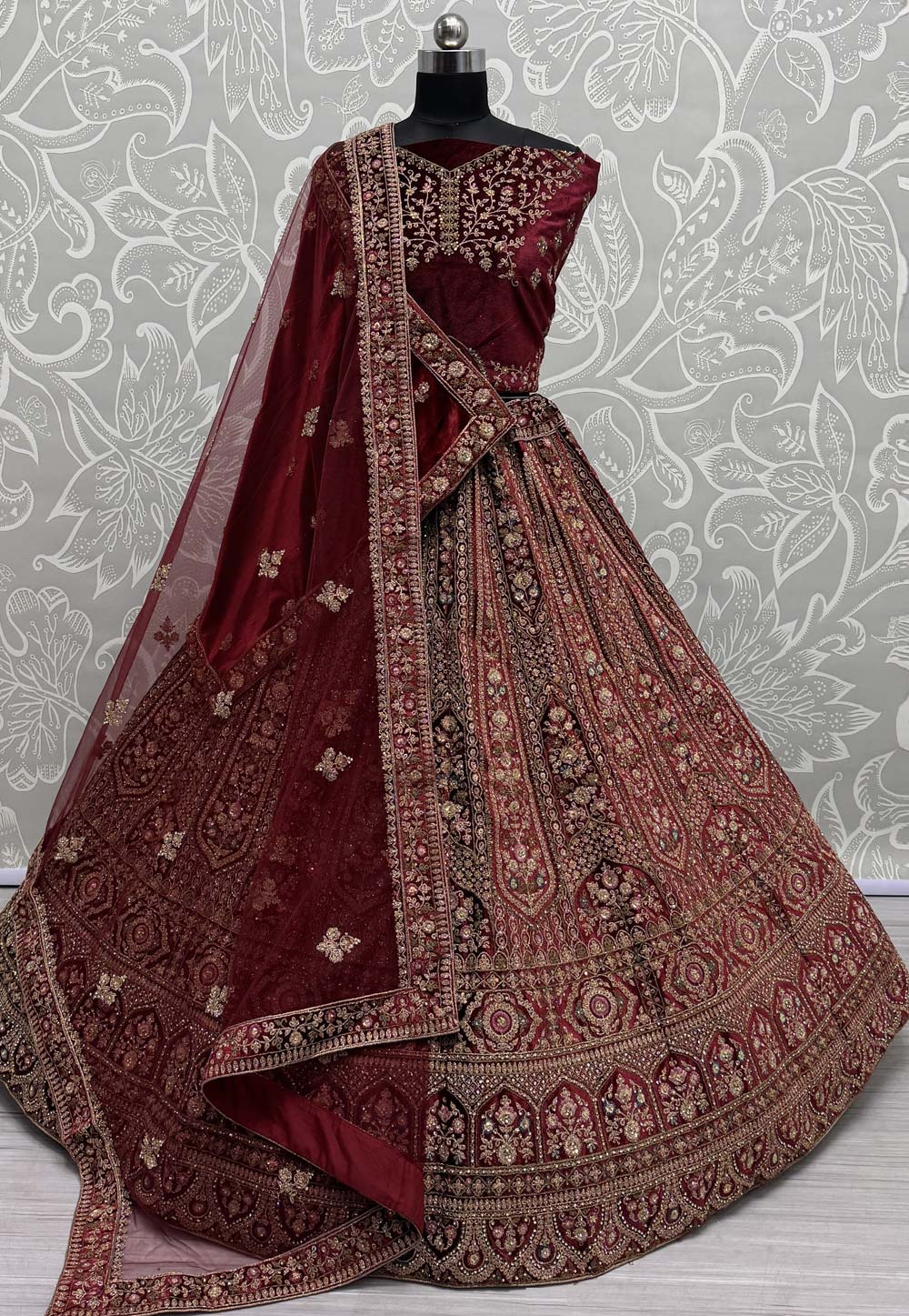 Maroon Velvet Bridal Lehenga Choli 310321