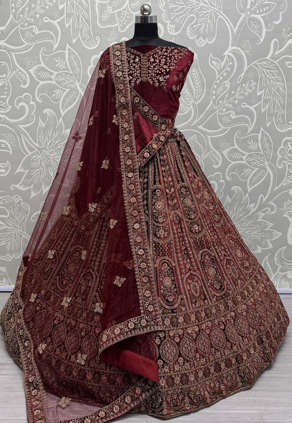 Maroon Velvet Bridal Lehenga Choli 310323