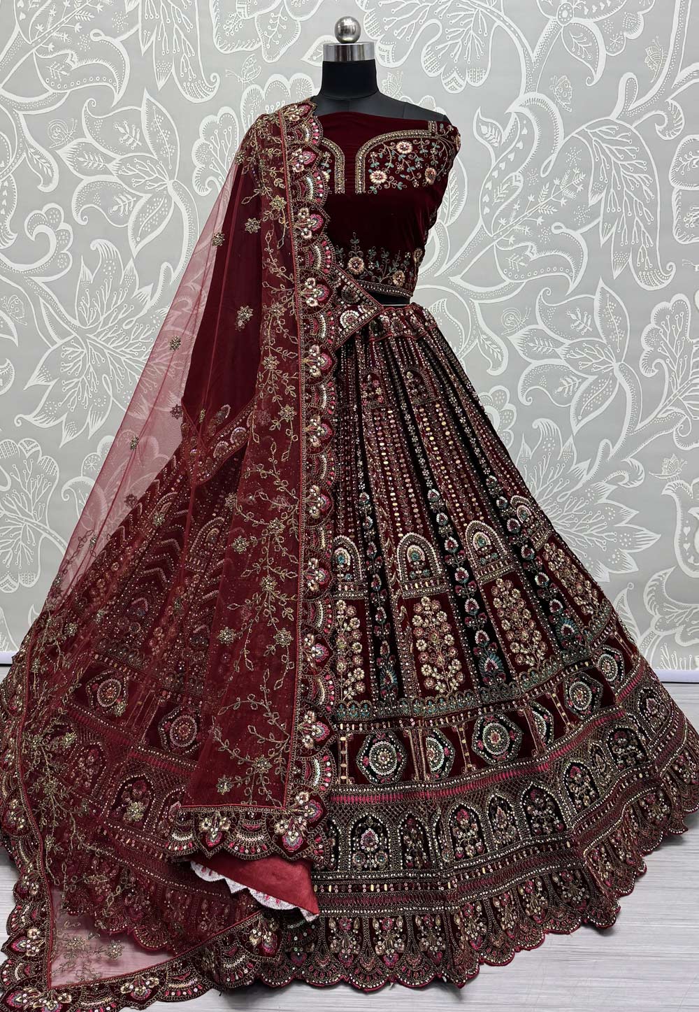Maroon Velvet Bridal Lehenga Choli 310900