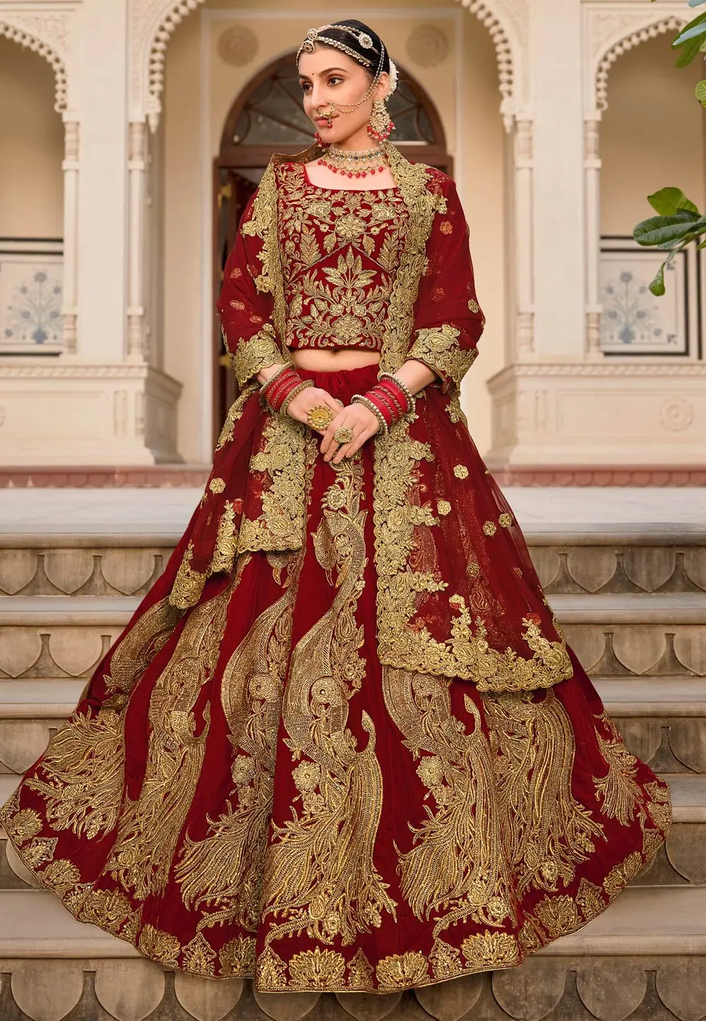 Maroon Velvet Bridal Lehenga Choli 297988