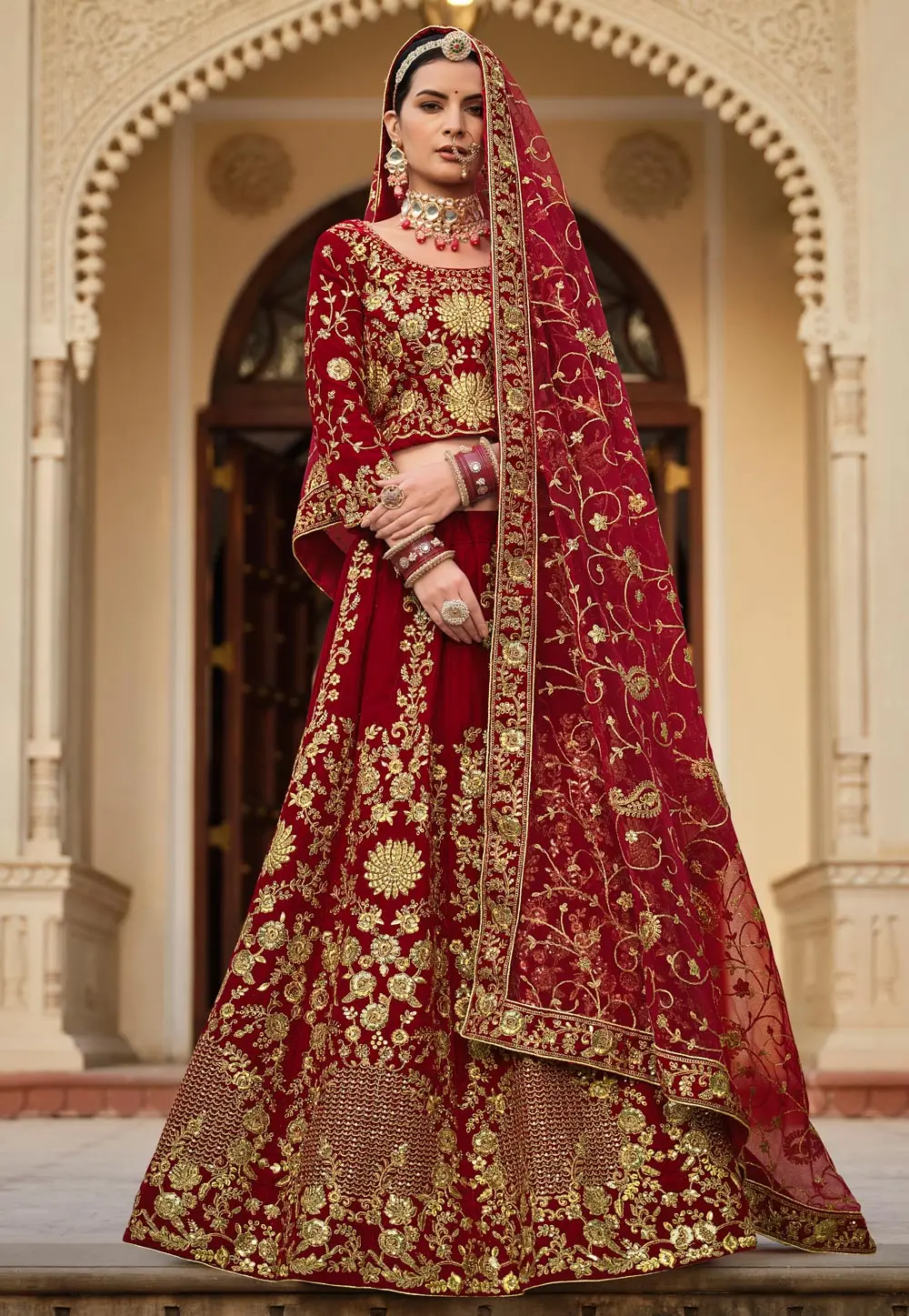 Maroon Velvet Bridal Lehenga Choli 304031