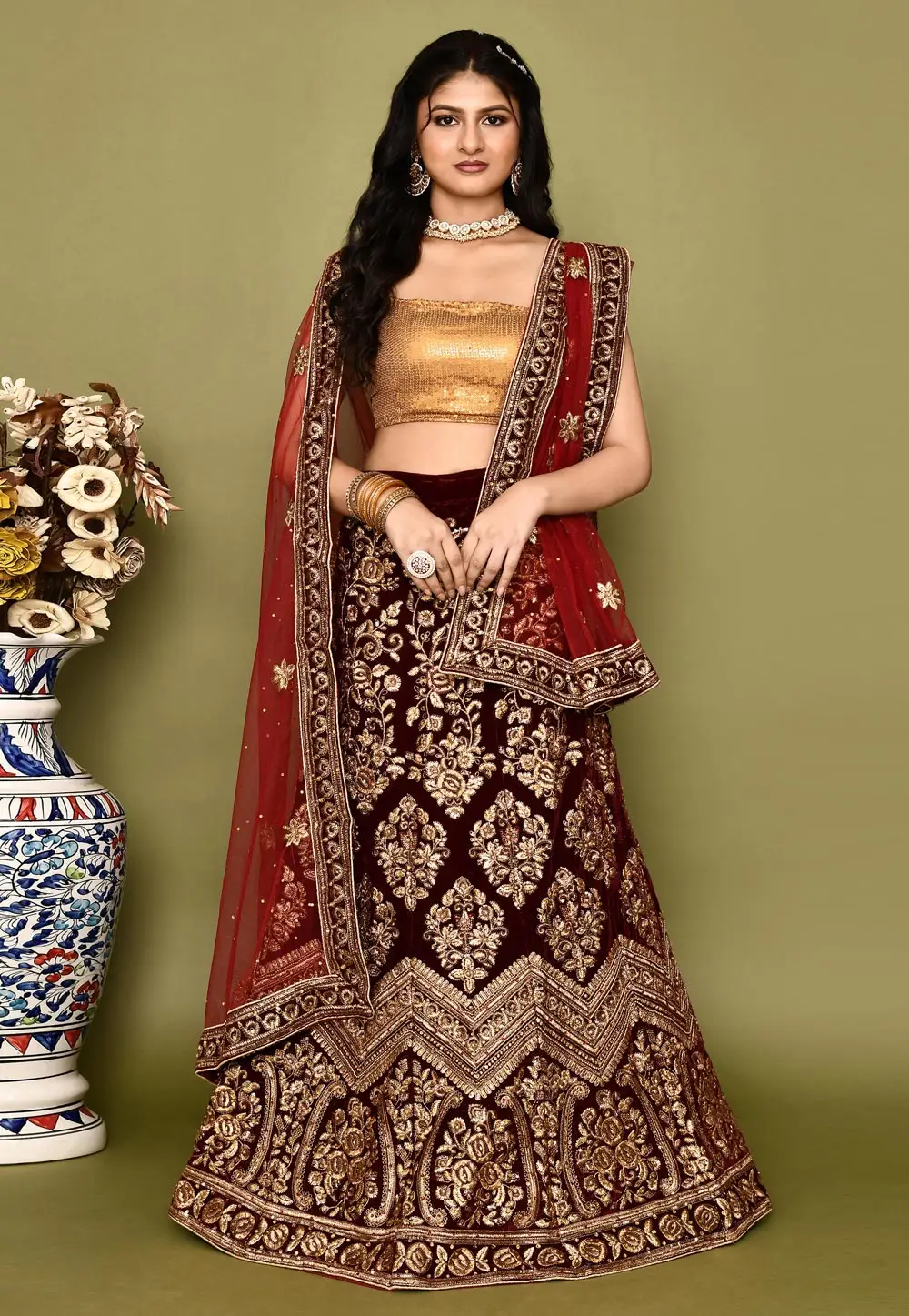 Maroon Velvet Bridal Lehenga Choli 295772