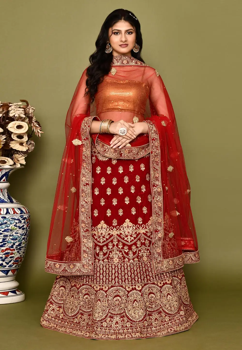 Maroon Velvet Bridal Lehenga Choli 295774