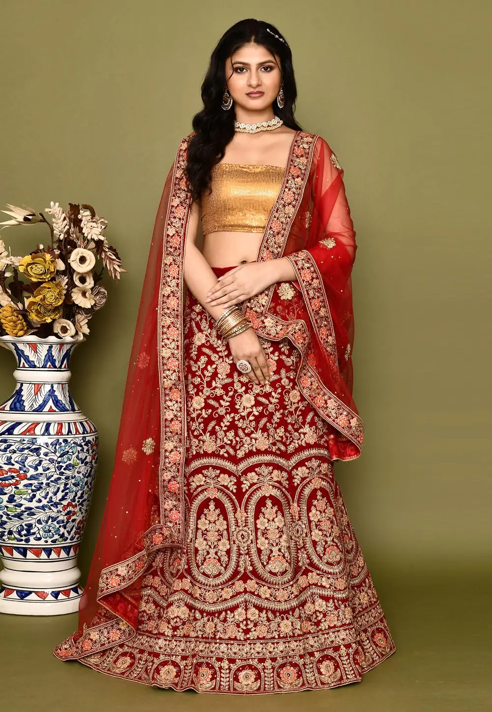 Maroon Velvet Bridal Lehenga Choli 295776