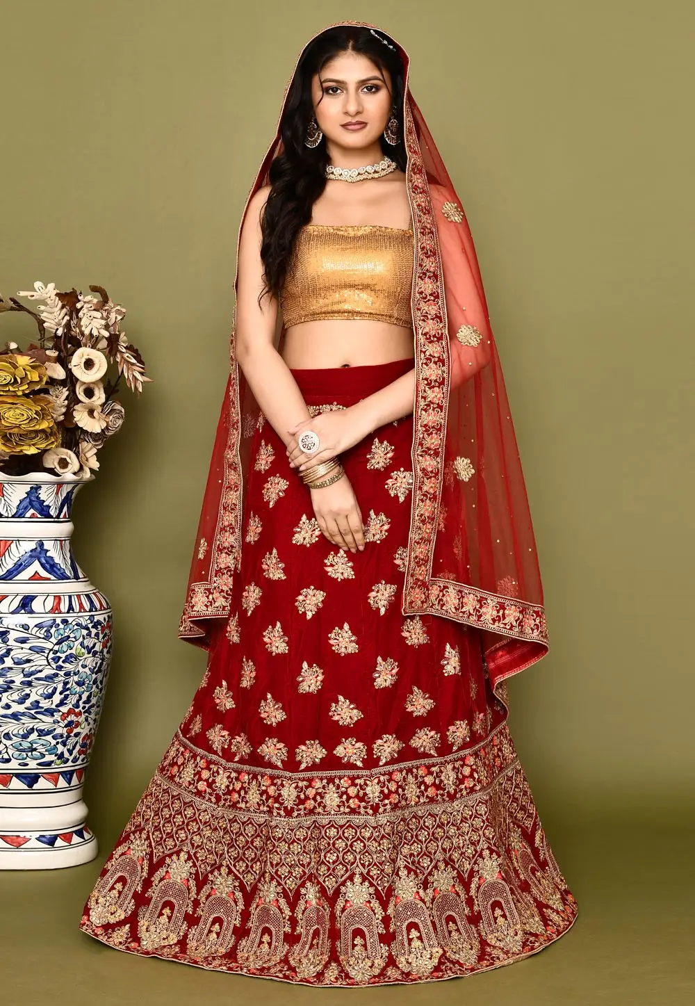 Maroon Velvet Bridal Lehenga Choli 295780