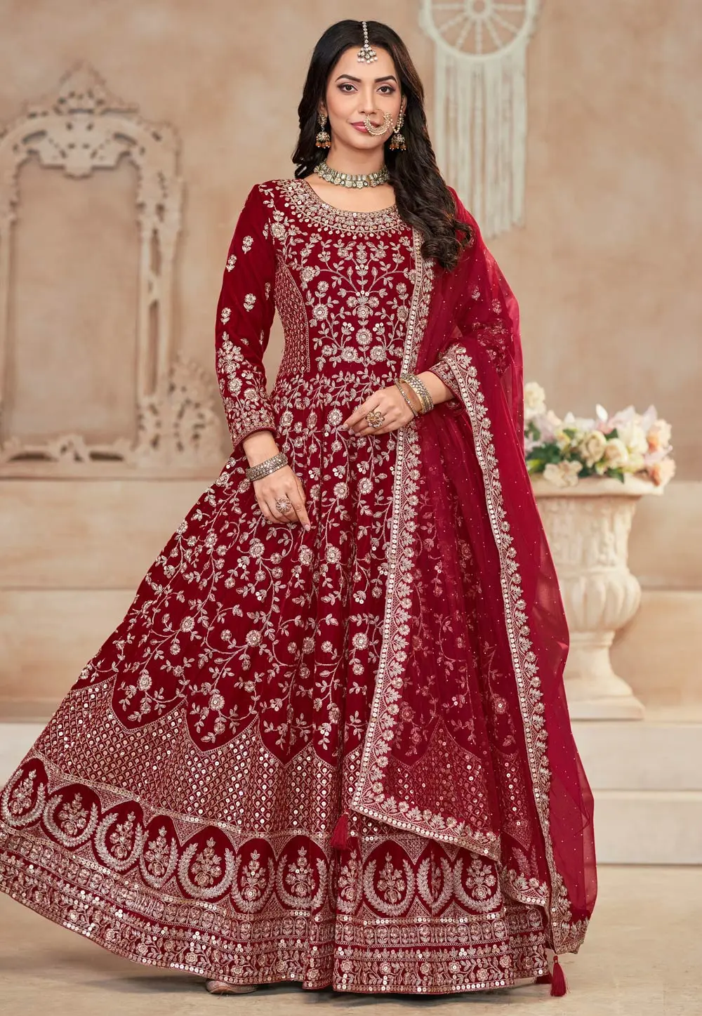 Maroon Velvet Embroidered Long Anarkali Suit 303520