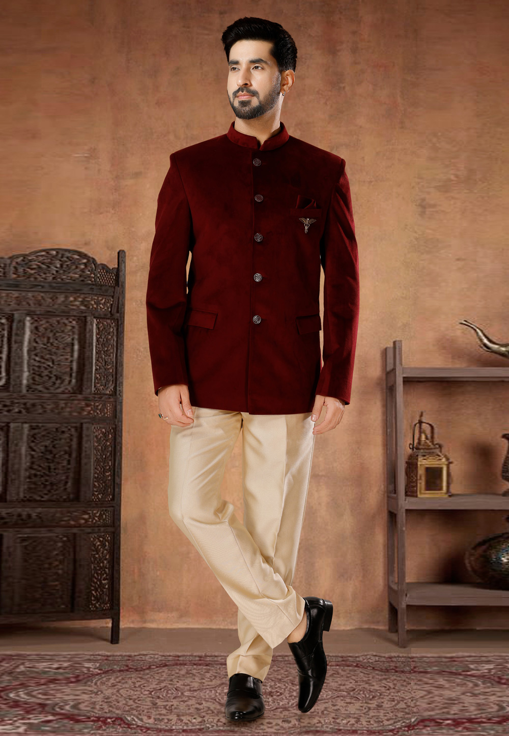 Maroon Velvet Jodhpuri Suit 282986