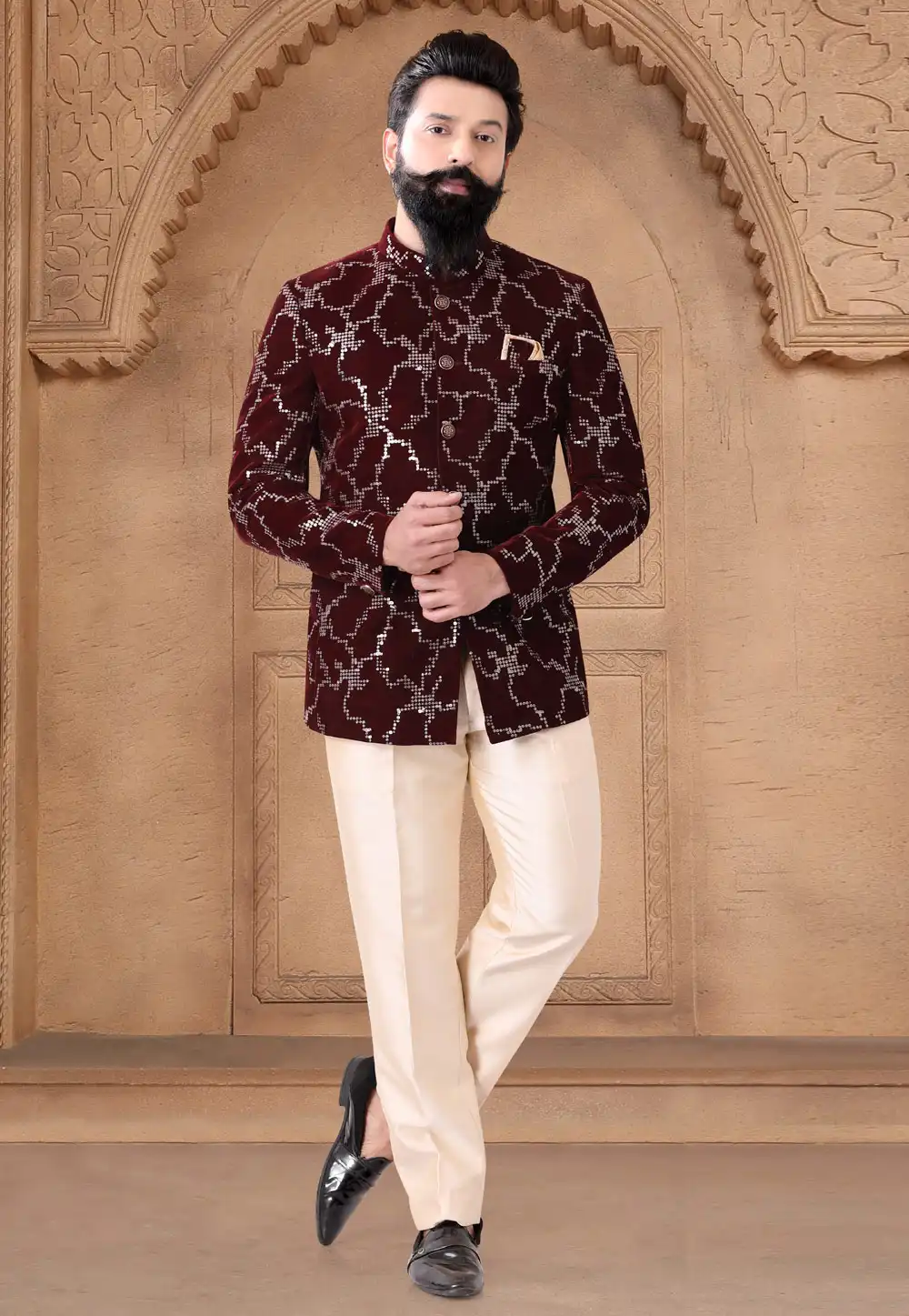 Maroon Velvet Jodhpuri Suit 287915