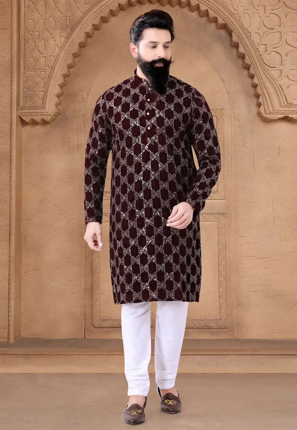 Maroon Velvet Kurta Pajama 287935