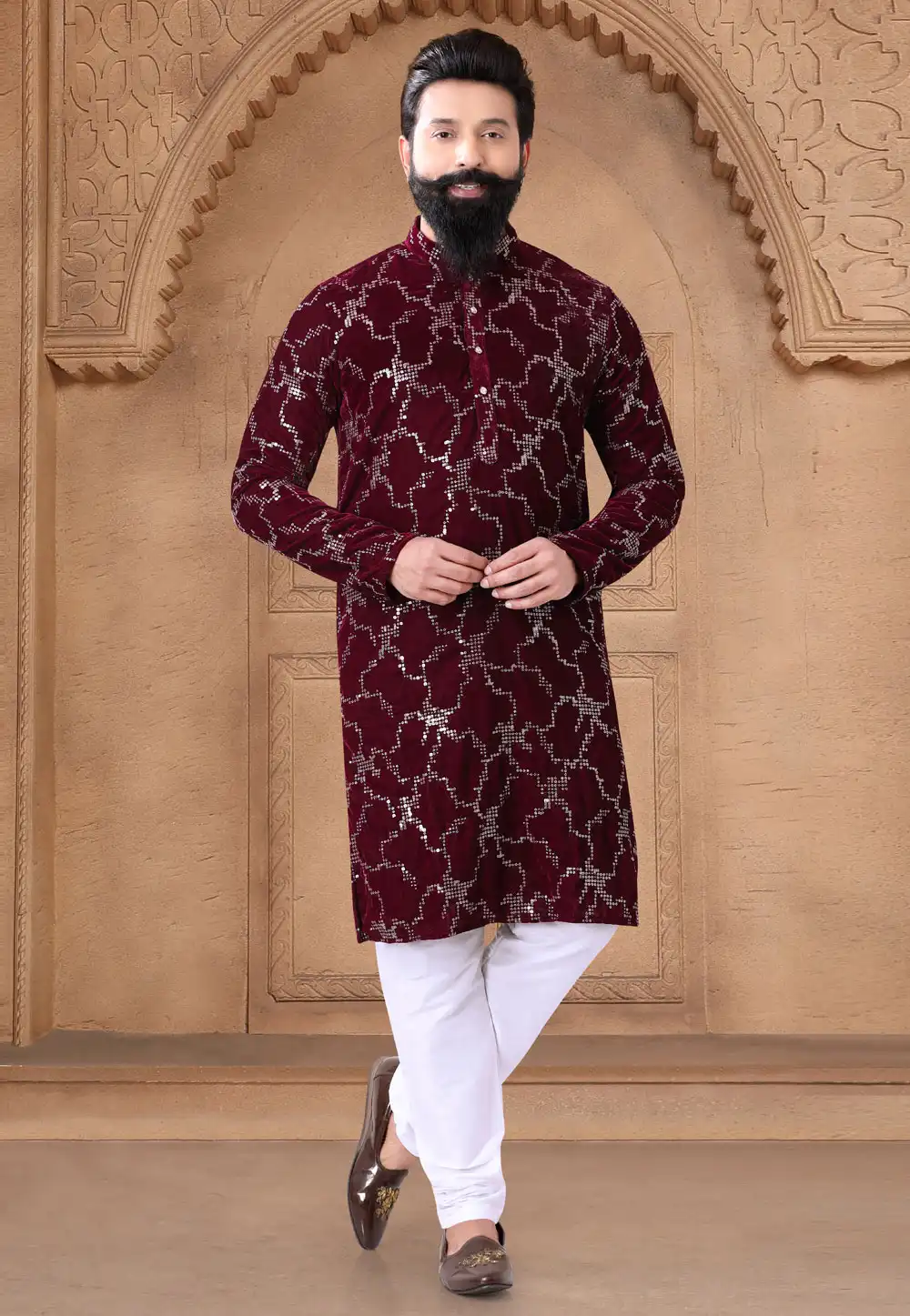 Maroon Velvet Kurta Pajama 287938