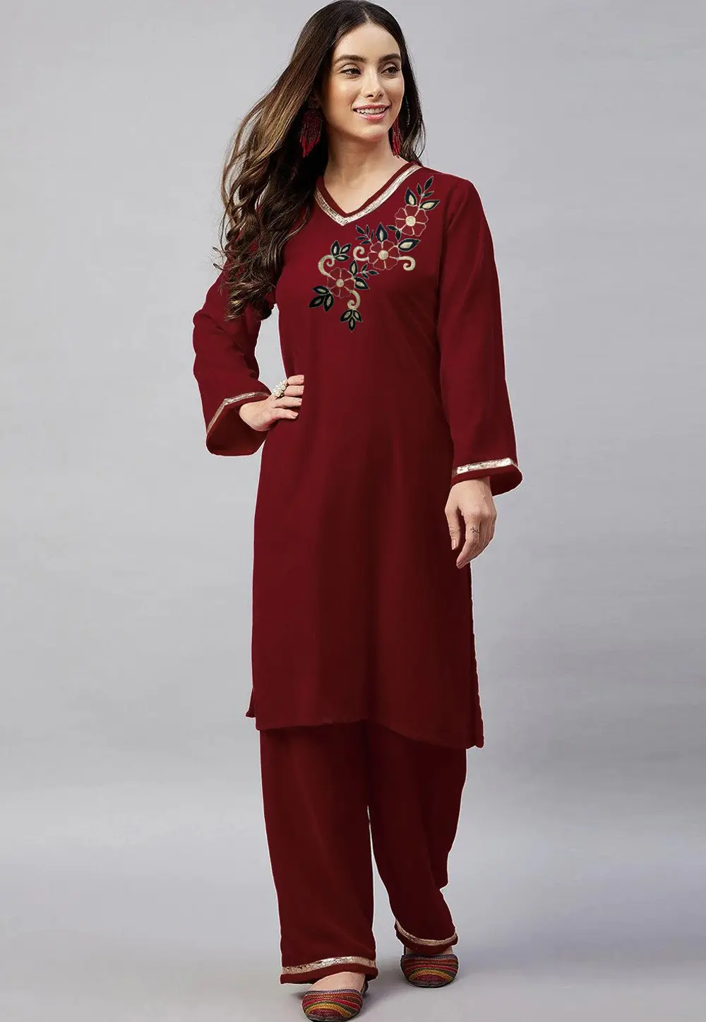 Maroon Velvet Kurta Set With Palazzo 300068