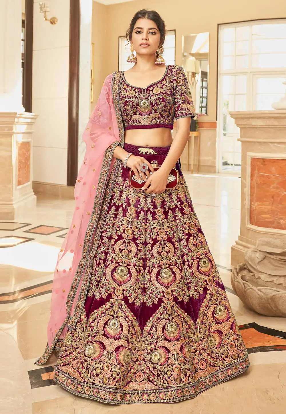 Maroon Velvet Lehenga Choli 293160