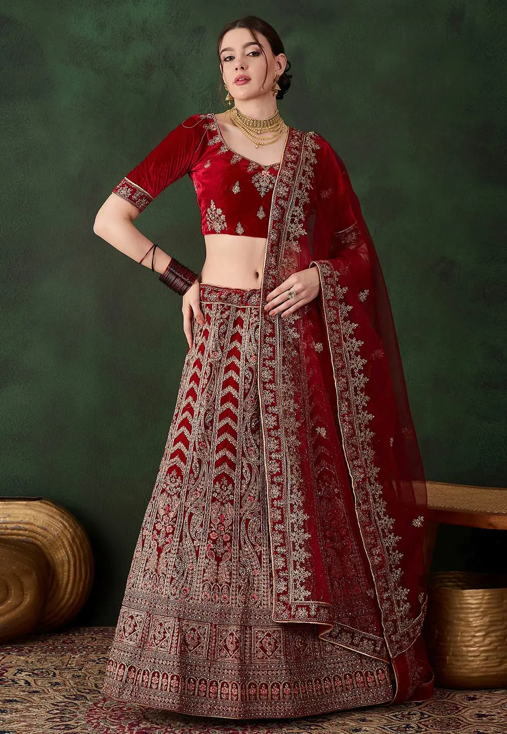 Maroon Velvet Lehenga Choli 301619