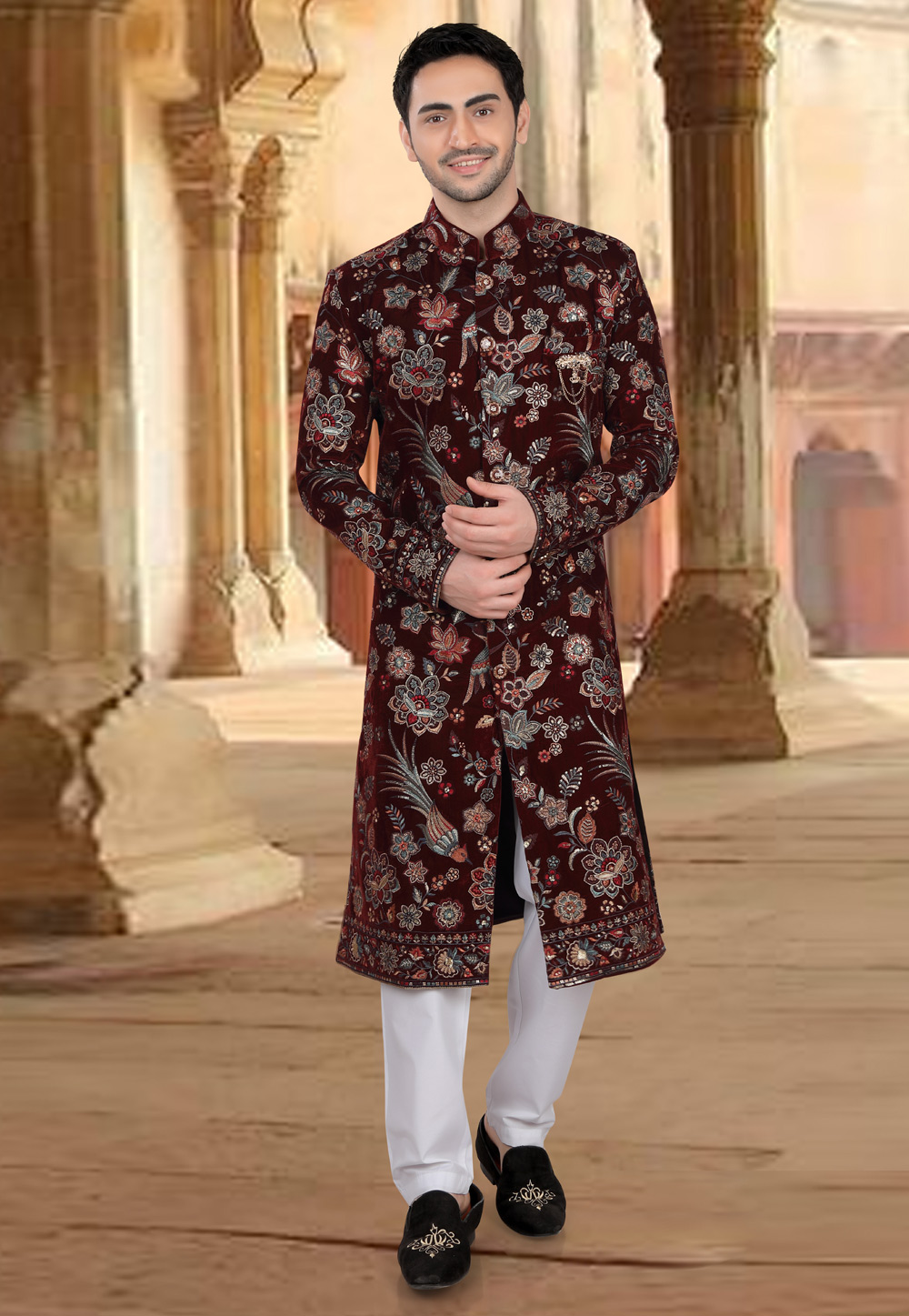 Maroon Velvet Pakistani Sherwani 309086