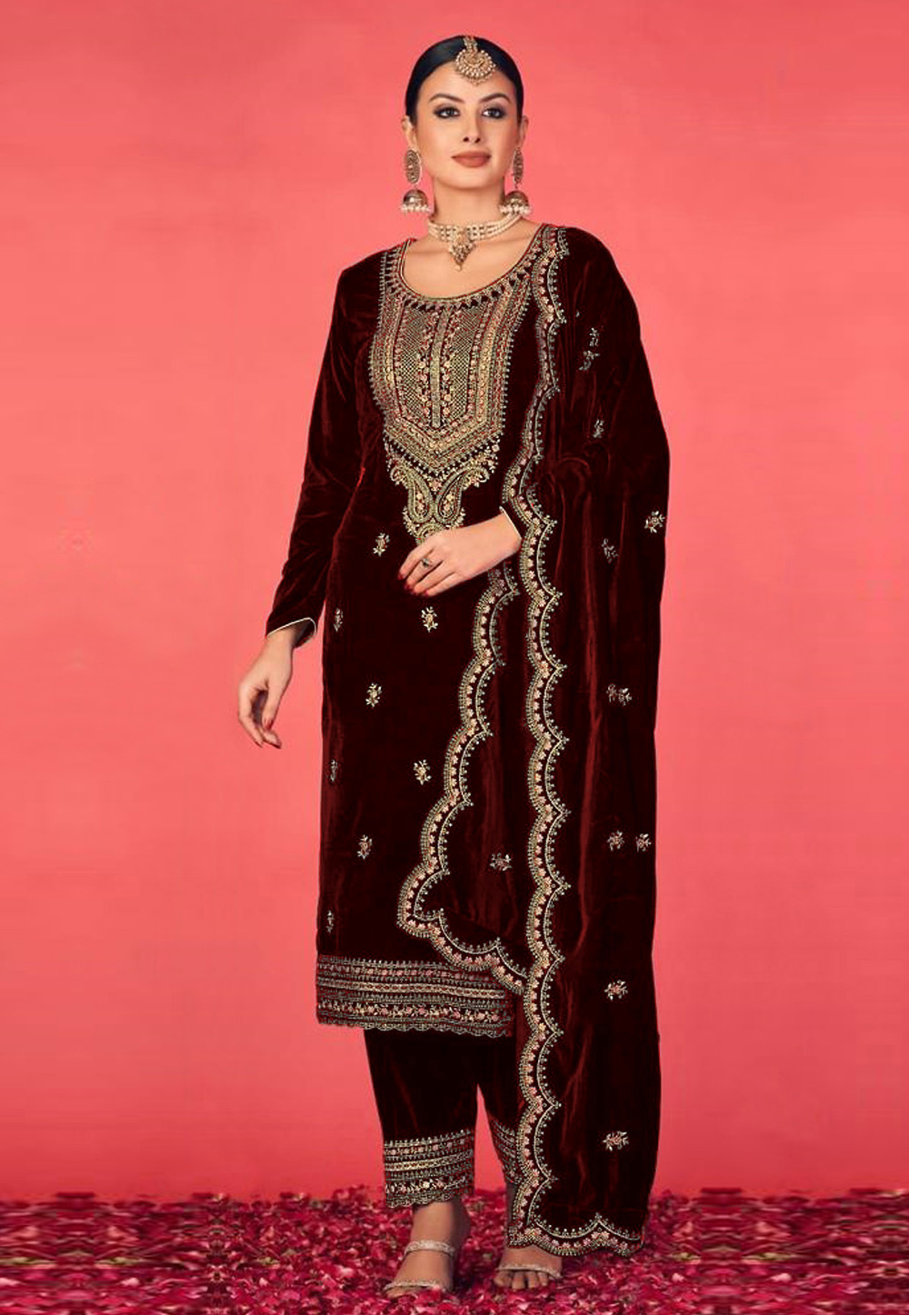 Embroidered Net Jacket Style Pakistani Suit in Maroon  Straight cut dress,  Indian fashion, Party wear indian dresses