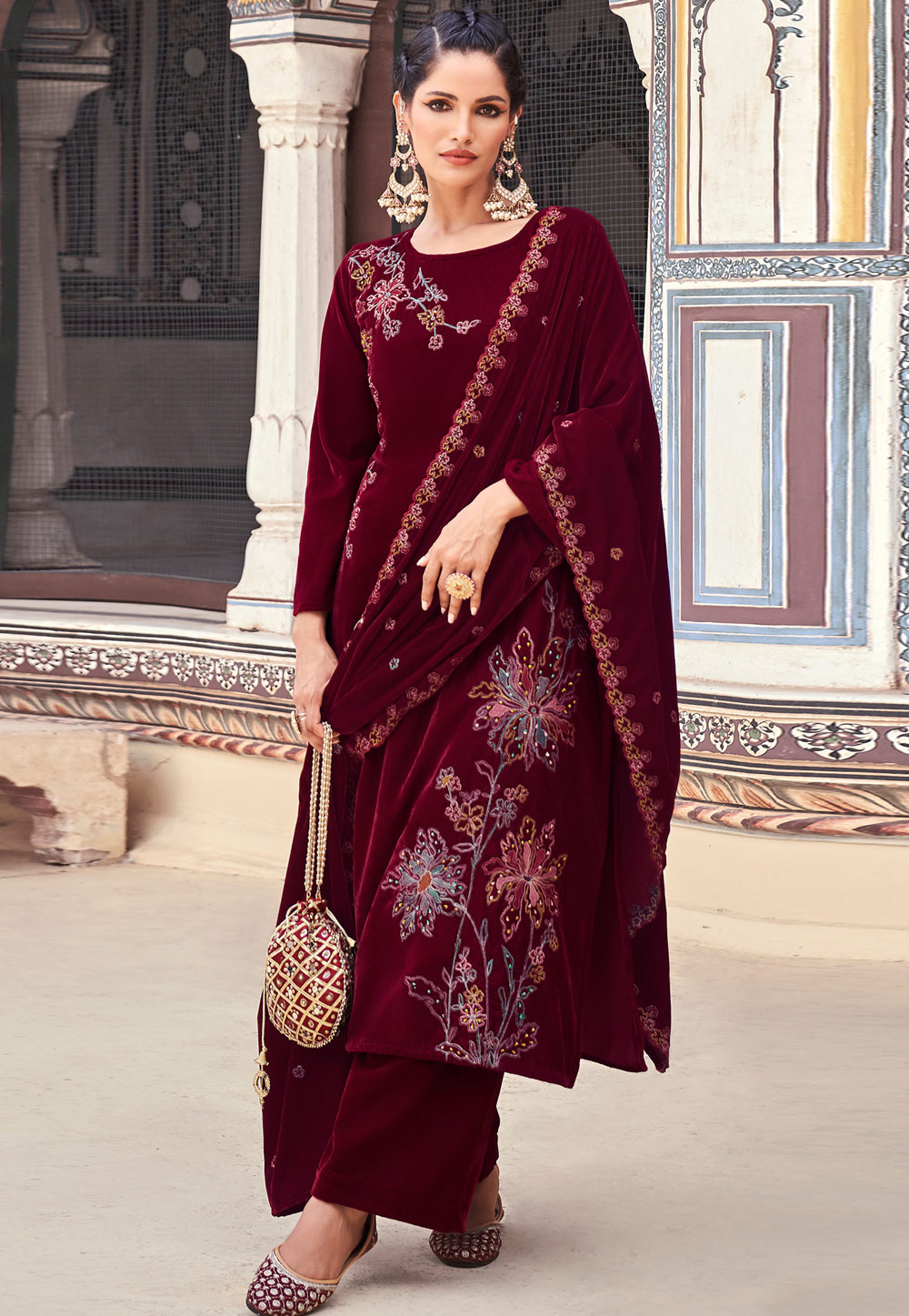Maroon Velvet Palazzo Suit 311099