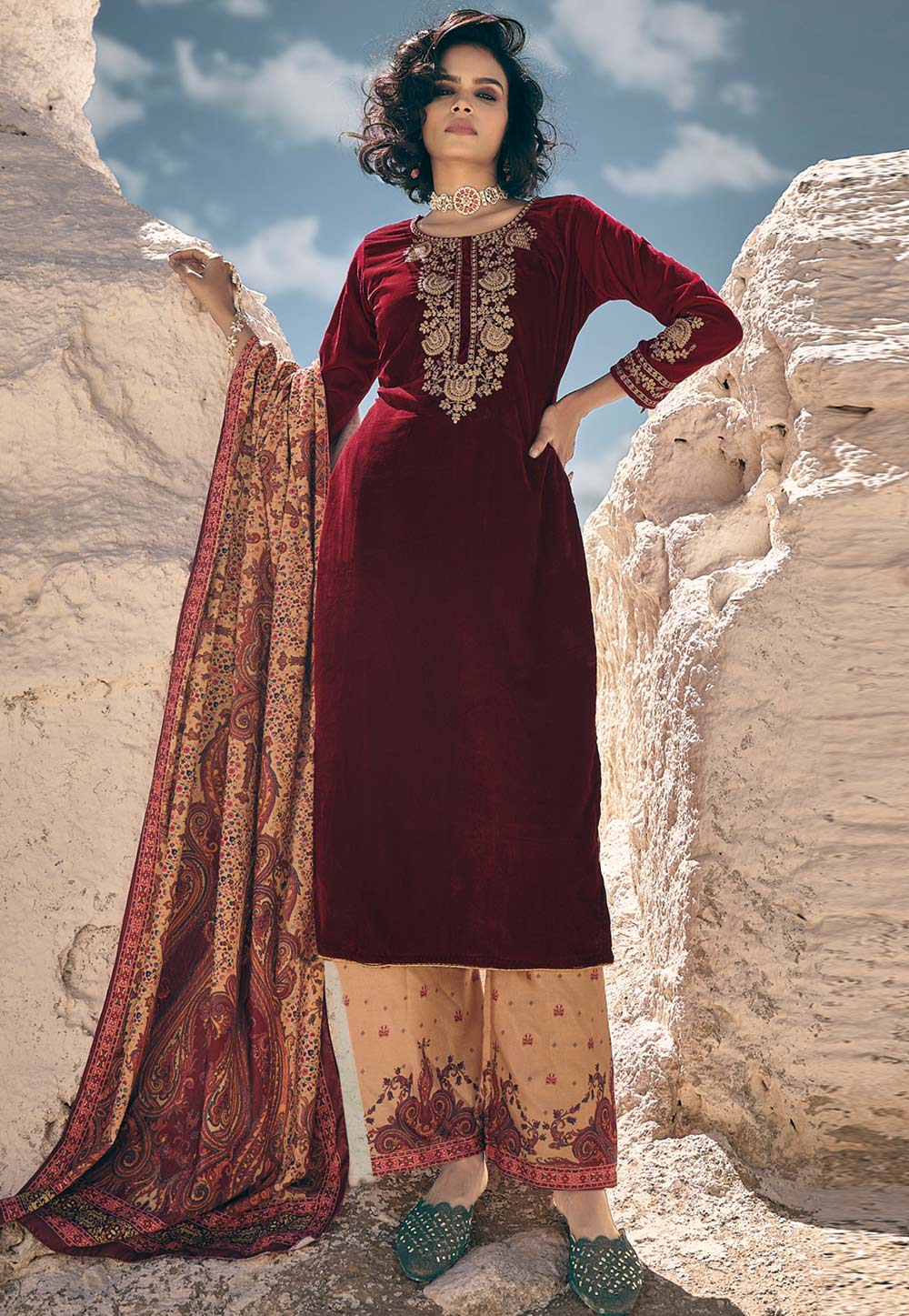 Maroon Velvet Palazzo Suit 310972