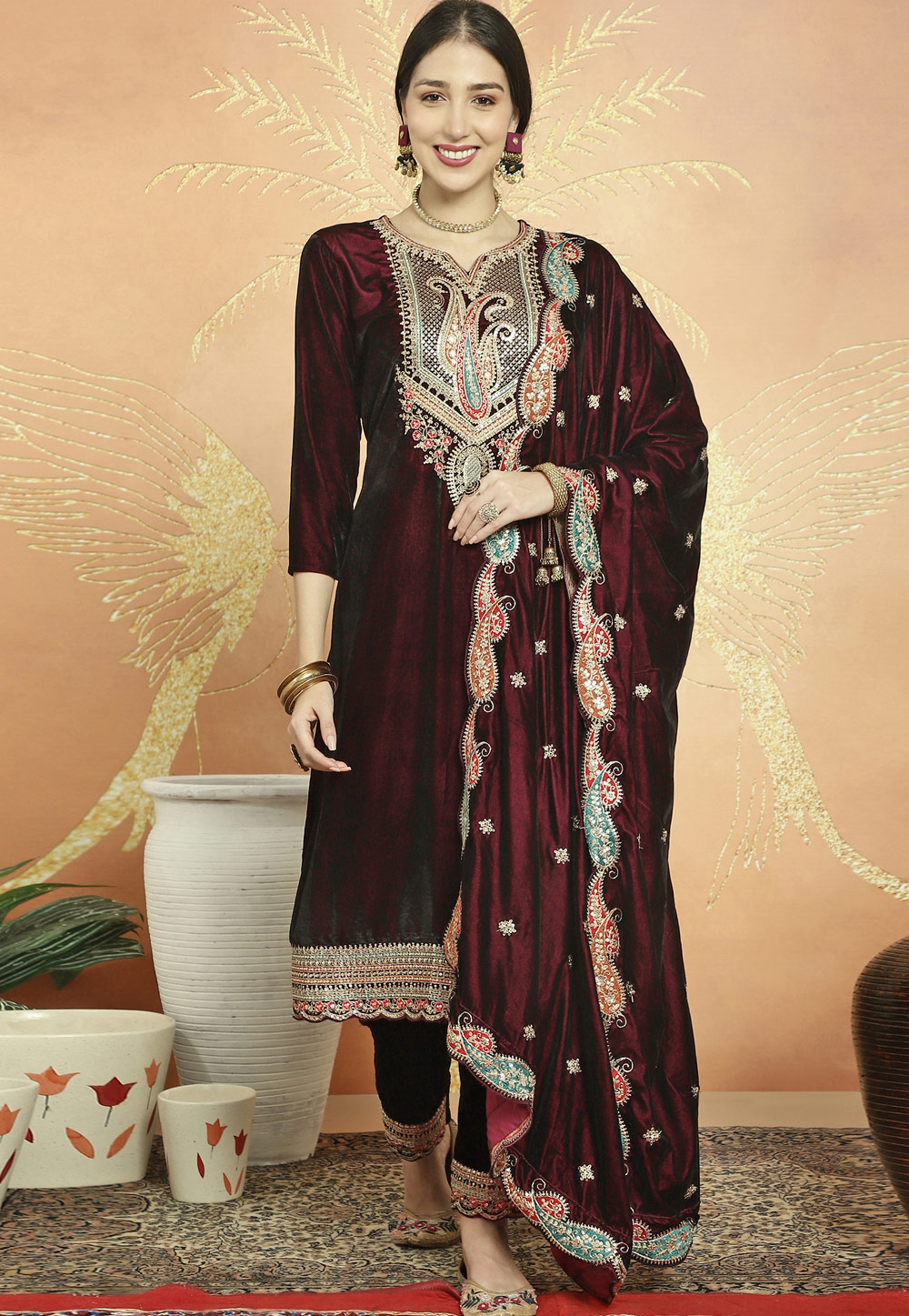 Maroon Velvet Pant Style Suit 309918