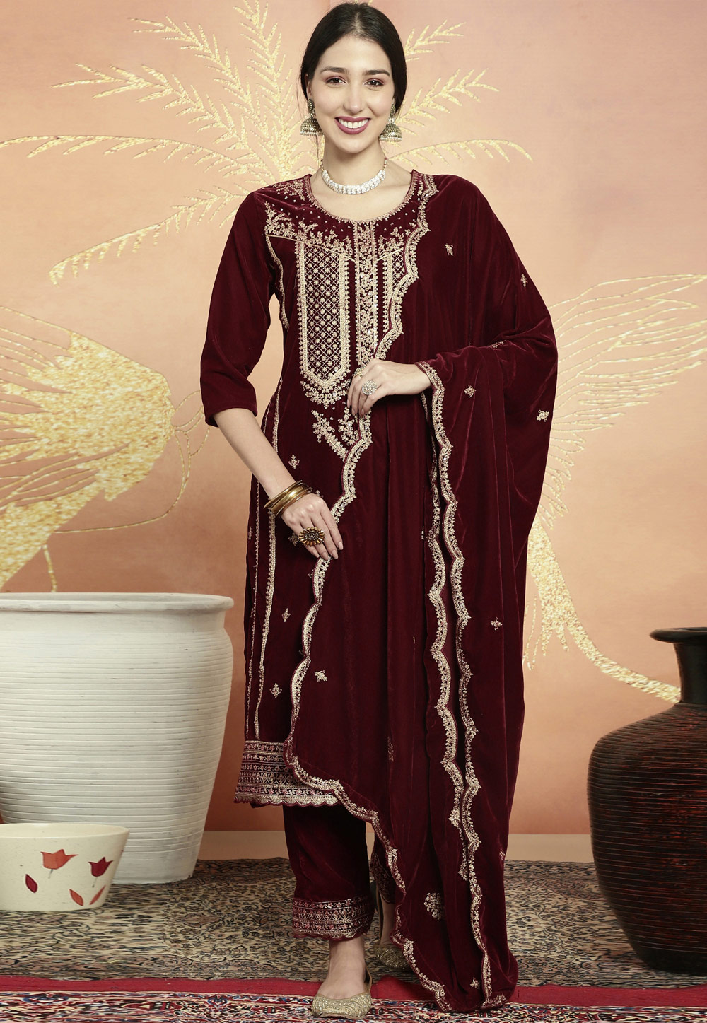 Maroon Velvet Pant Style Suit 309922