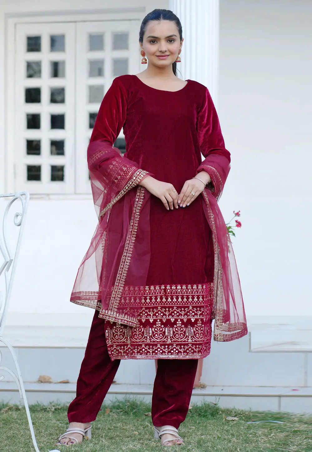 Maroon Velvet Readymade Pakistani Suit 302626