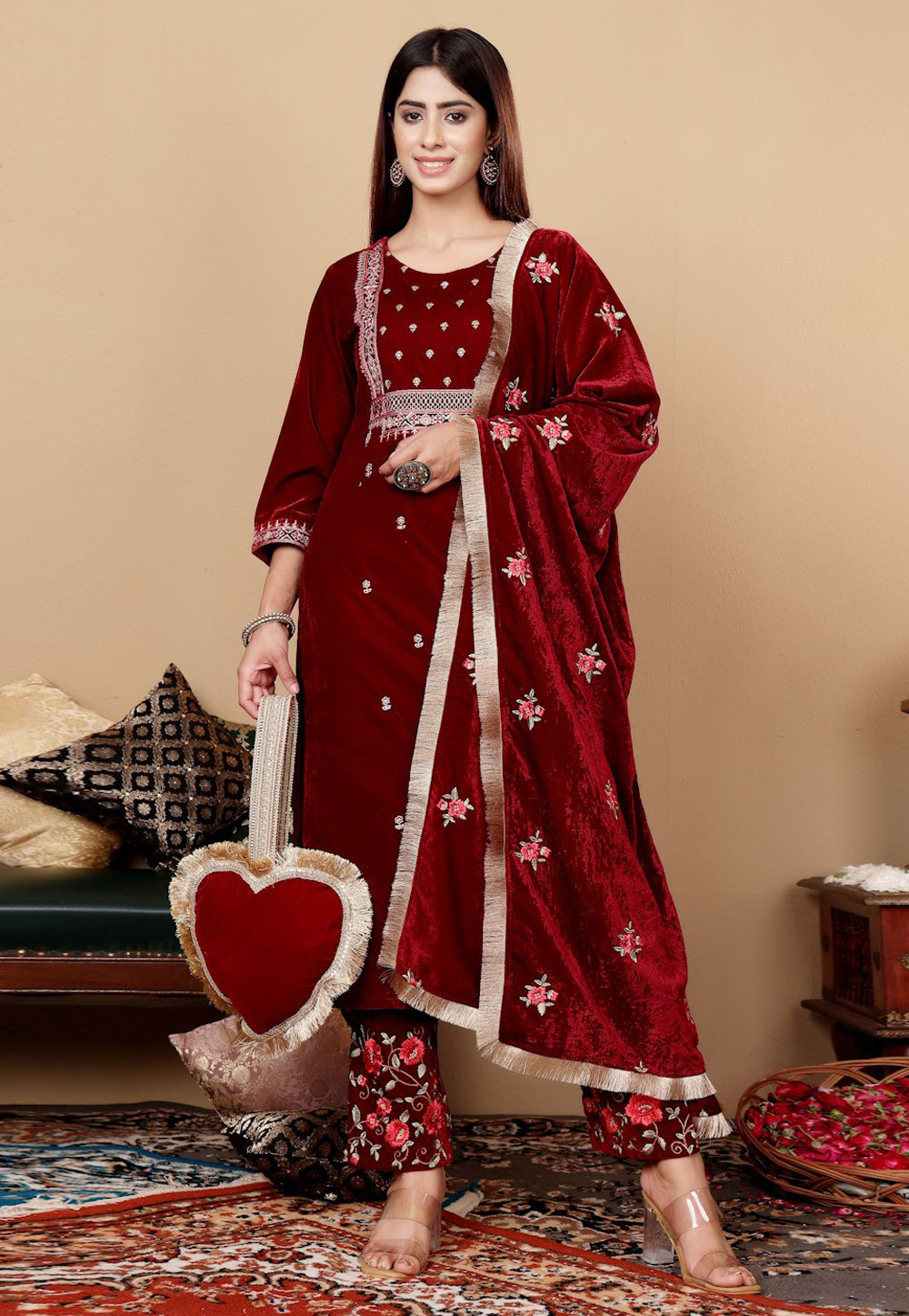 Maroon Velvet Readymade Pakistani Suit 305421