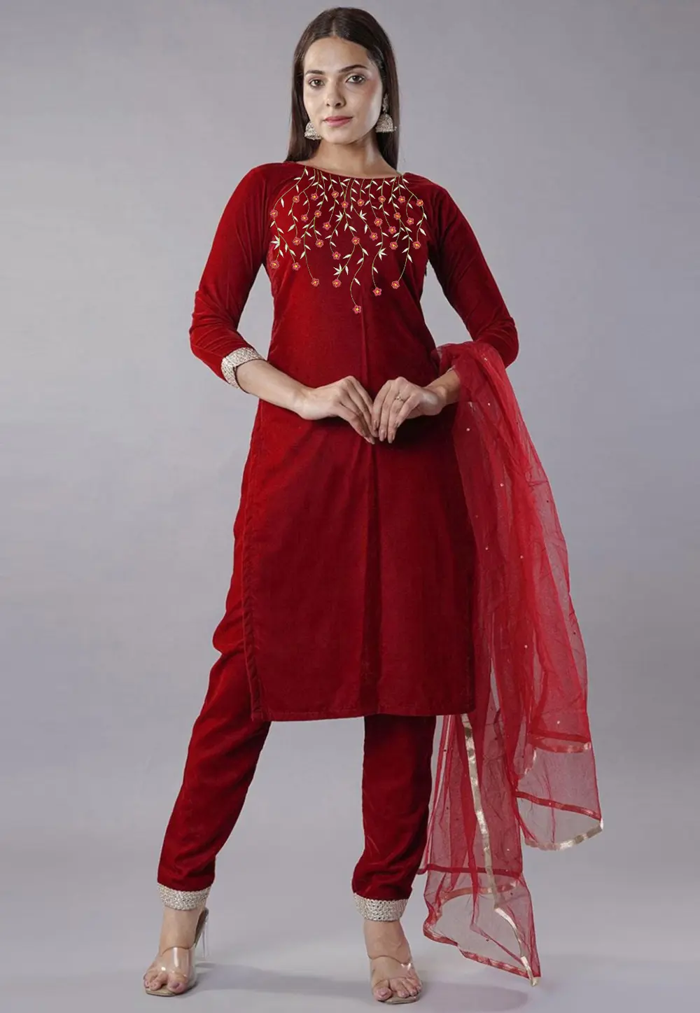 Maroon Velvet Readymade Pakistani Suit 301685