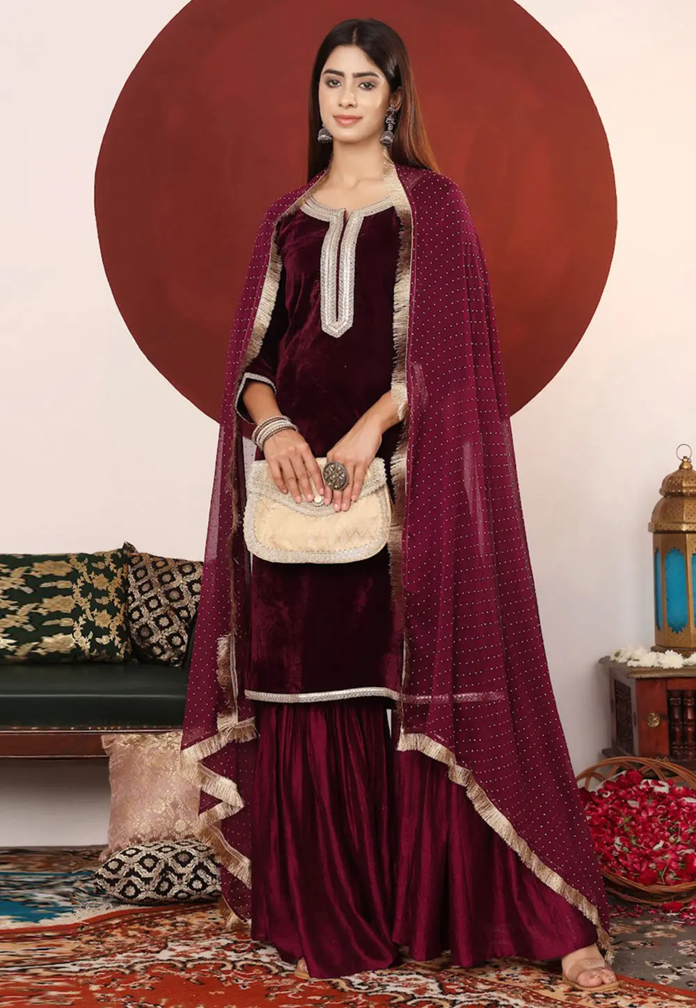 Maroon Velvet Readymade Sharara Suit 302863