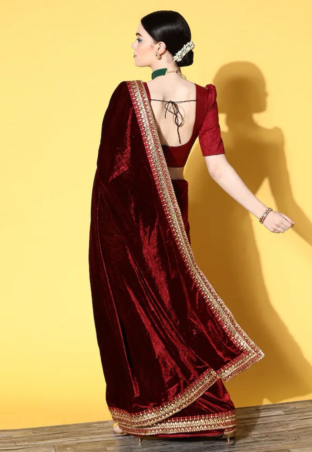 Shop Stunning Maroon Velvet Saree Blouse Online in USA| Frill Sleeves –  Pure Elegance