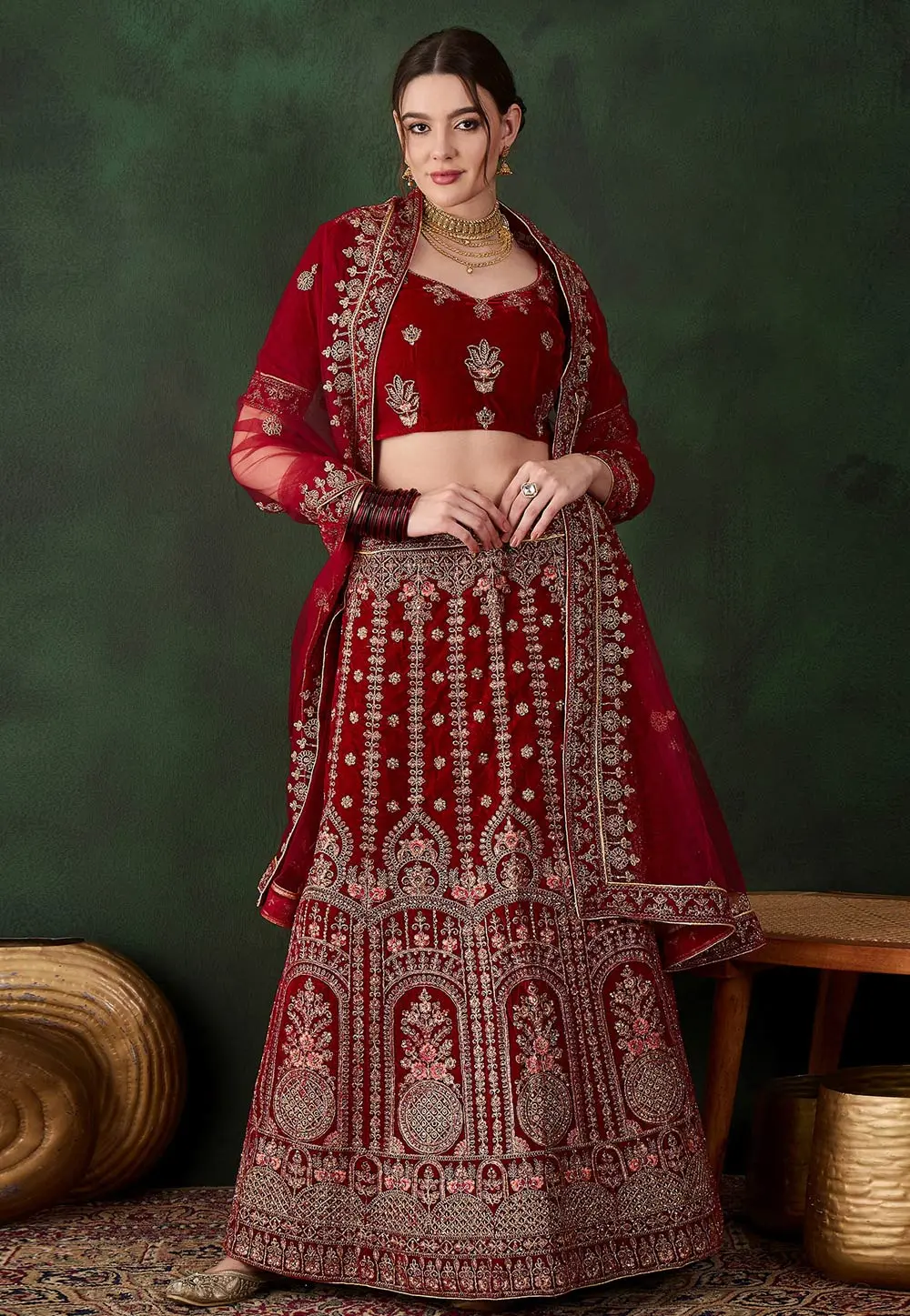 Maroon Velvet Wedding Lehenga Choli 301620