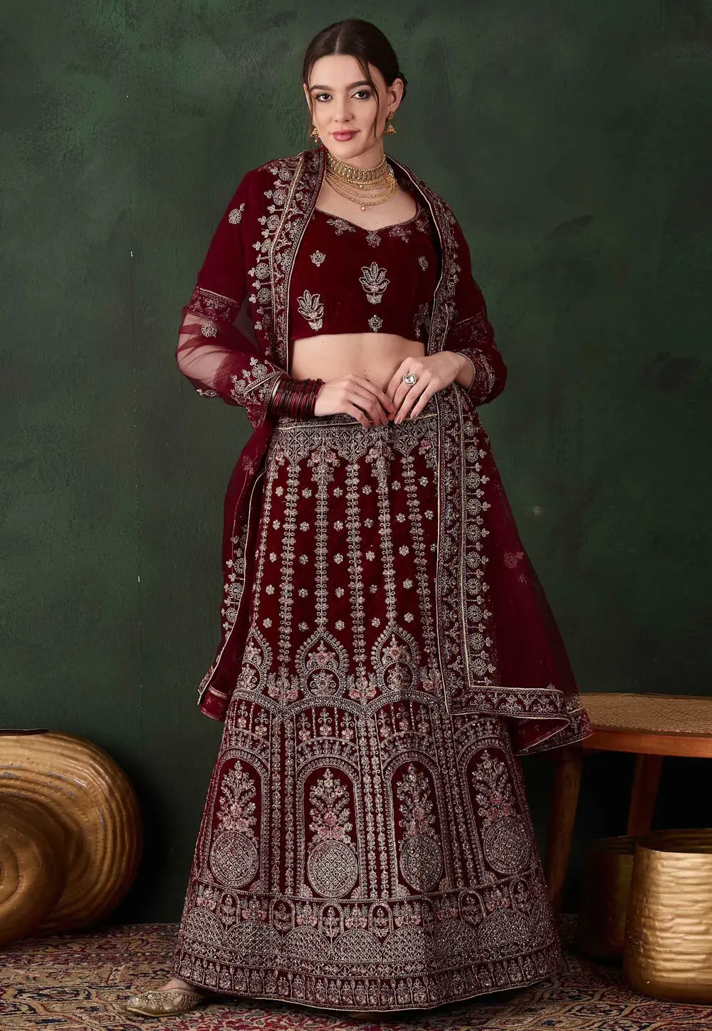 Maroon Velvet Wedding Lehenga Choli 301622