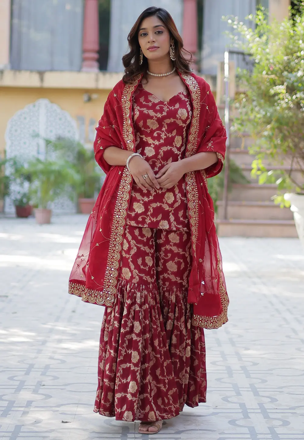 Maroon Viscose Georgette Readymade Sharara Suit 303370